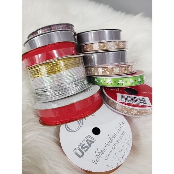12 Craft Ribbon Lot ~ Offray Celebrate it Snowflakes Silver Red Solid Patterns - Picture 1 of 7